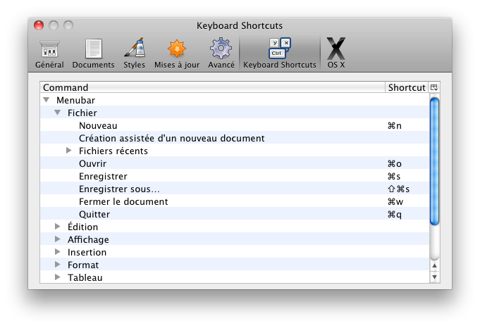 Keyboard Shortcuts panel in Preferences window